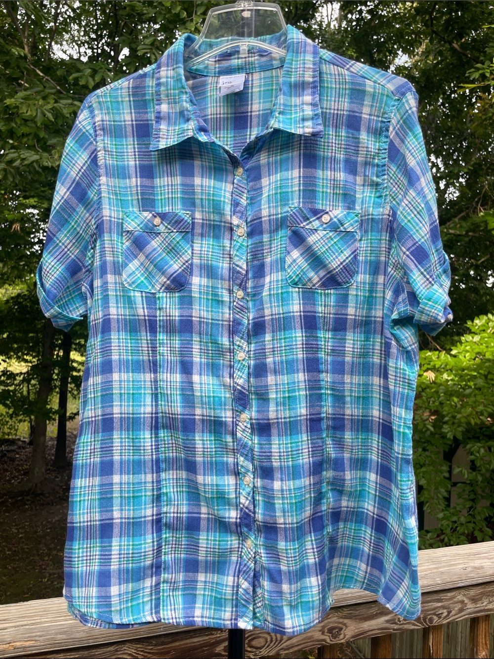 Women’s 2X Blue & White Plaid Short-Sleeve Button-Up Shirt Cotton Blend Preworn